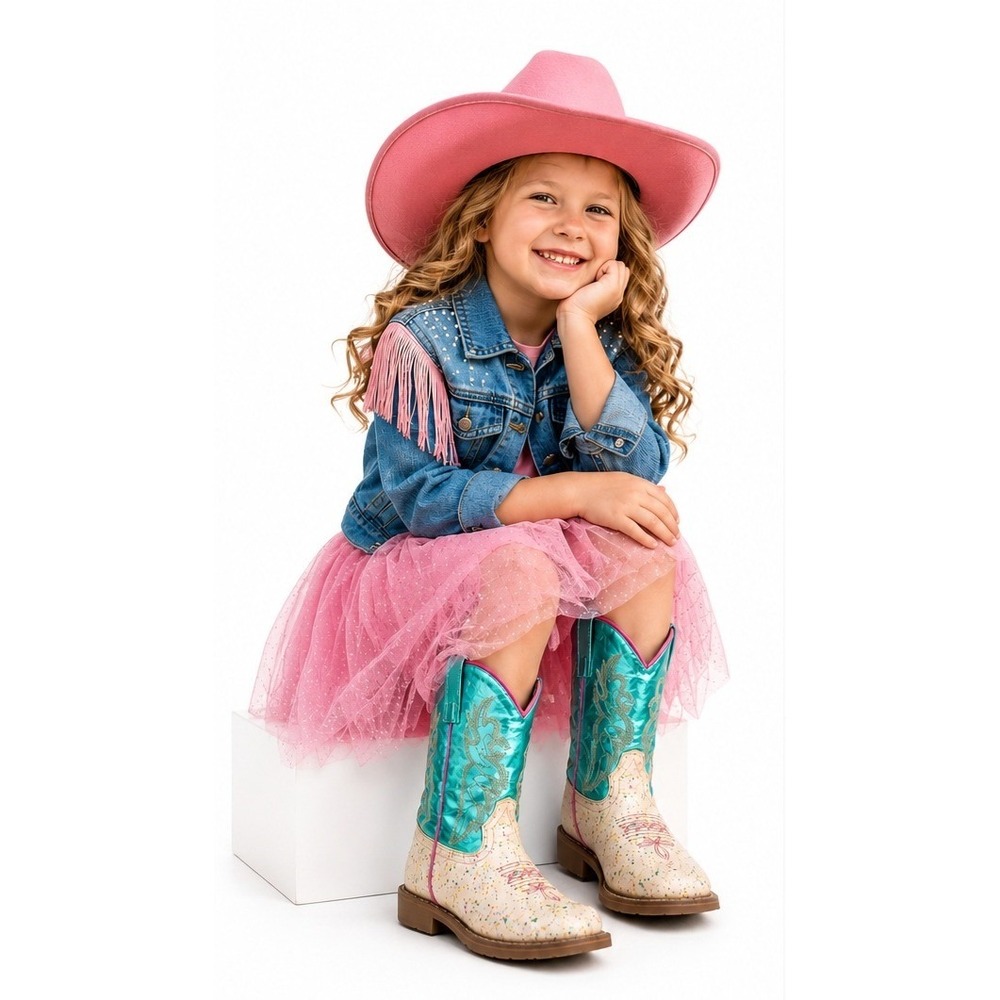 DAN POST Girls Glitter Western Cowboy Boots Size 2D Turquoise Pink Rodeo Boots